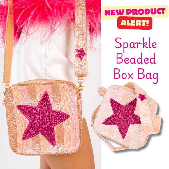 Star Crossed Cowgirl Pink & Gold Glass Beaded Bling Sparkle Box Bag w/Star Strap - Picture 1 of 7